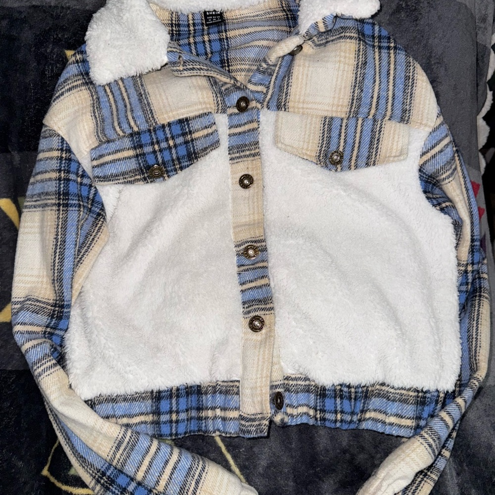 SHEIN Blue and Cream Checkered Jean Jacket